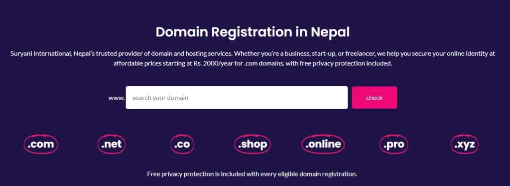 User-friendly domain registration interface to buy hosting in Nepal with Suryani