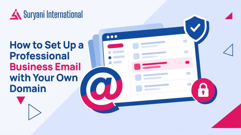 Illustration of a business email with own domain setup, showing an inbox window, an @ symbol, and a security shield