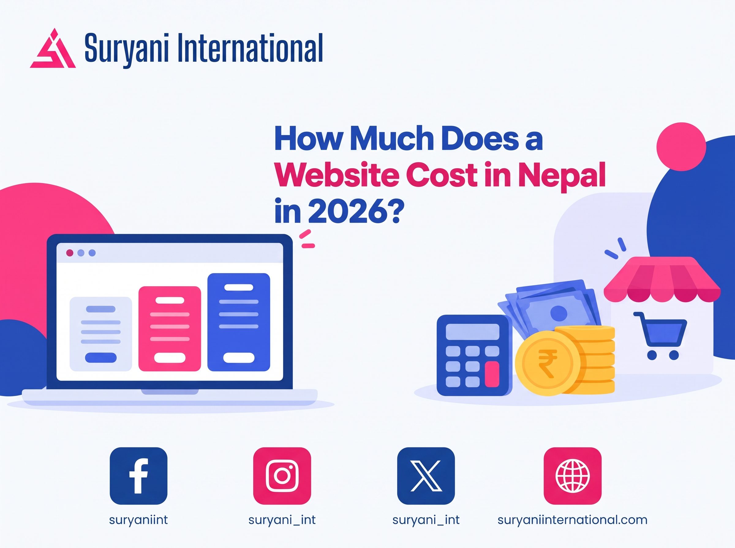 Blog header illustration showing website pricing tiers with coin and calculator icons representing website cost in Nepal