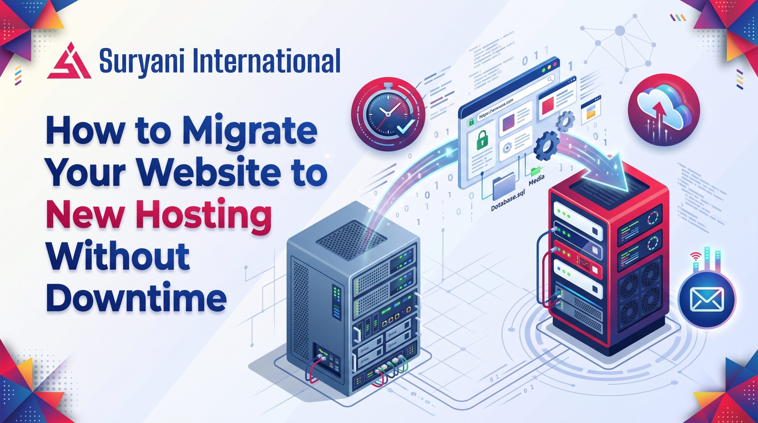 : Illustration of a website moving from an old server to new hosting without downtime, by Suryani International