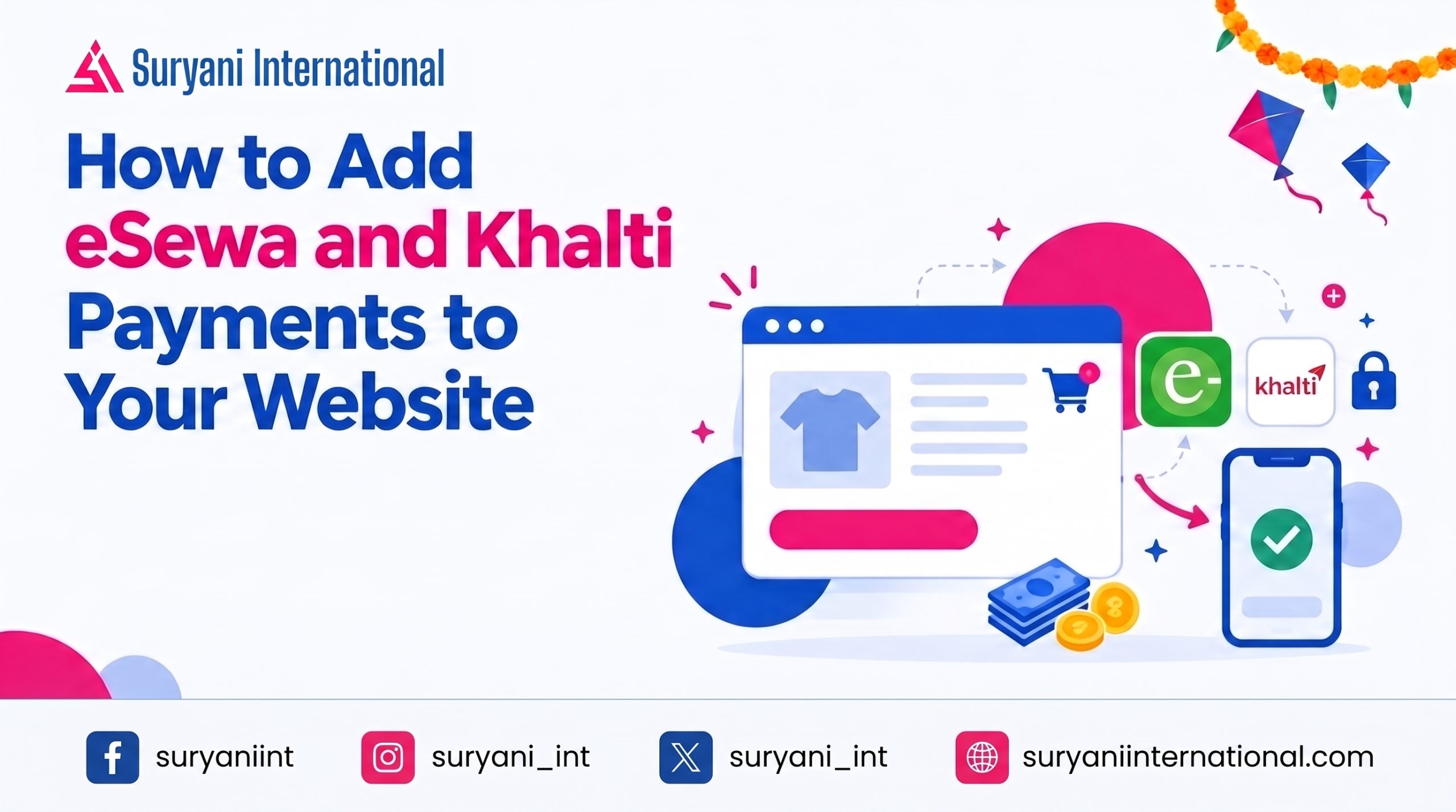 Online checkout page with two payment wallet badges, a padlock and a phone confirmation for eSewa and Khalti integration