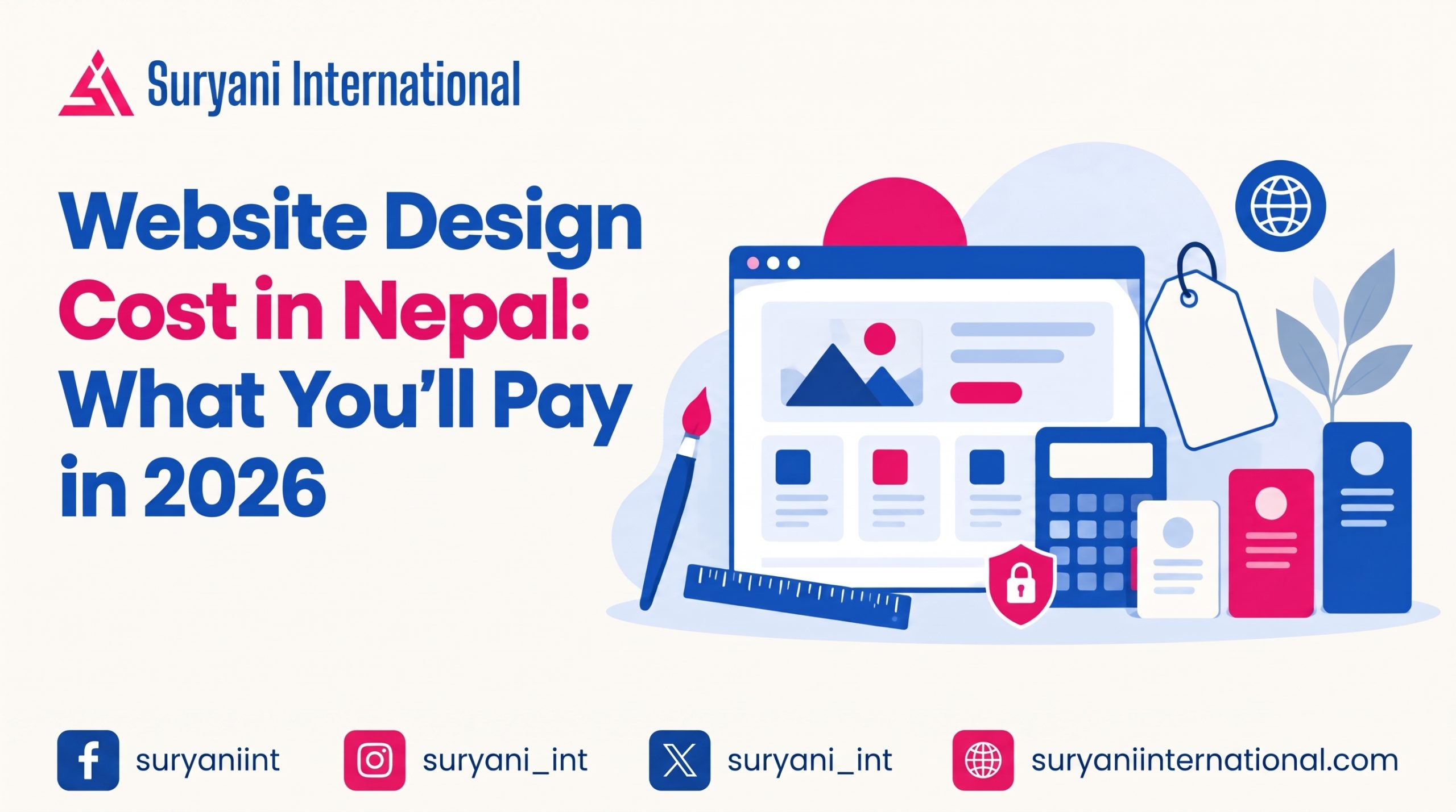 Website wireframe with a price tag, calculator and three package tiers illustrating website design cost in Nepal